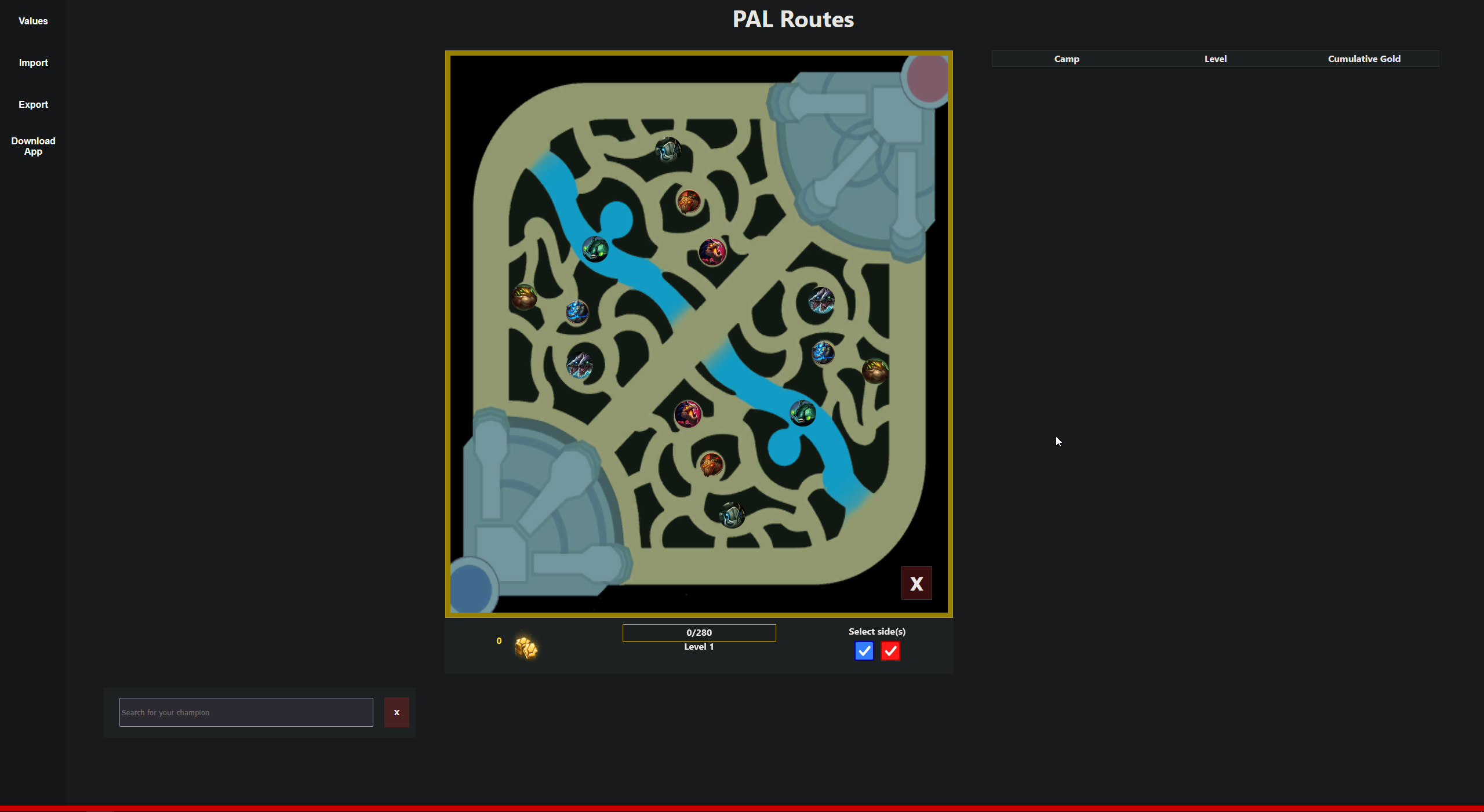 The League of Legends map, with jungle camp overlays. A section for champion selection in the bottom left and information about jungle camp gold and experience rewards.